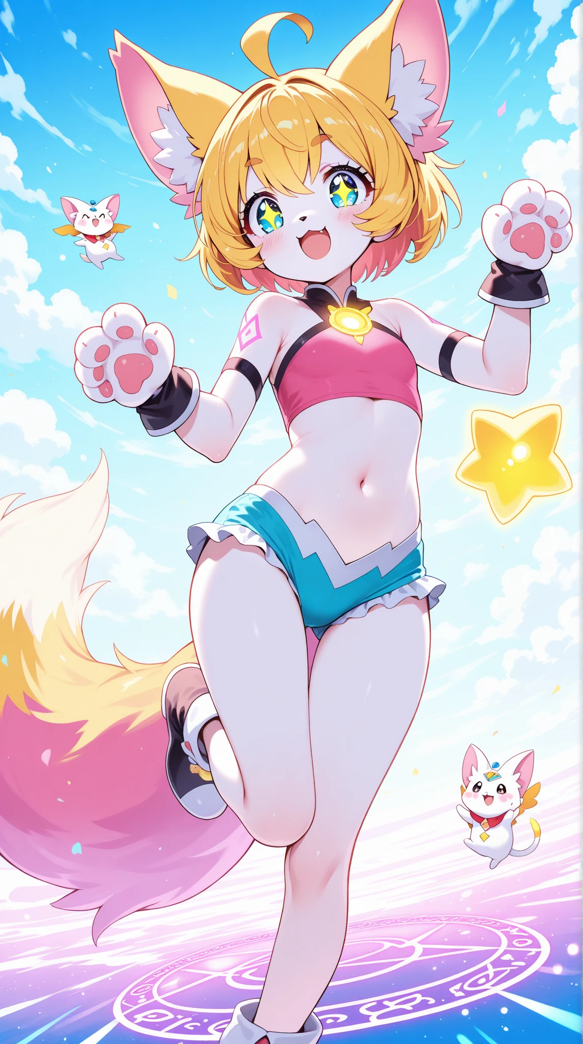 boy, squirrel, furry, bodyfur, tail, collar, bra, bottomless, gloves, boots, chibi, sparkling eyes, idol, dancing, singing, hair bow, happy, full body