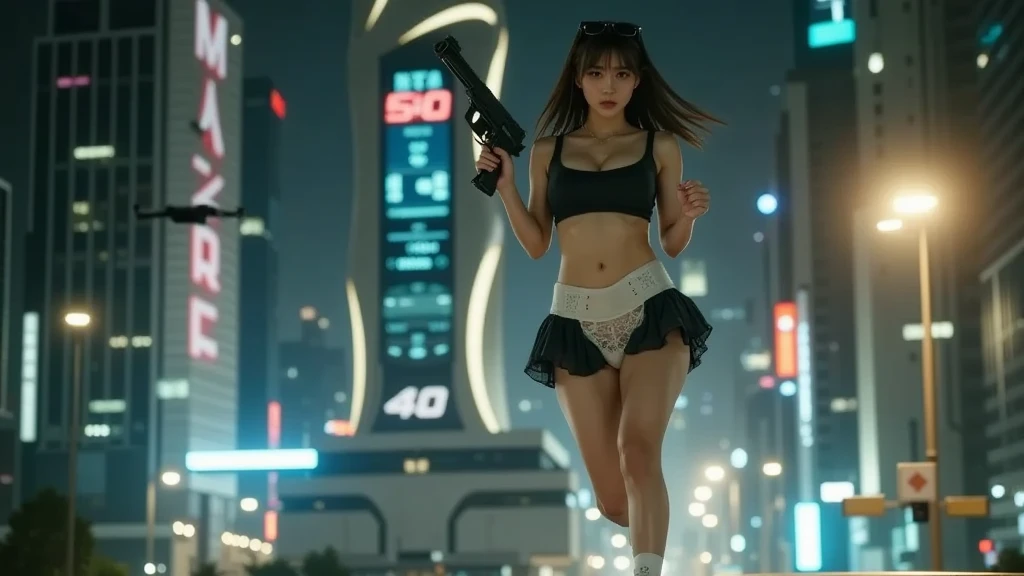 (Raw photography, 4K, ​masterpiece, hight resolution, very intricate), (Photorealsitic:1.4), Cinematic Lighting, (((((at night))))), (((1Girl, solo))), solofocus, Wet, full body Esbian,large breasts, Chest exposed, cleavage of the breast, wide open ass, pubic hair, Slim waist, eyes are brown, ((​masterpiece:1.2)), top-quality, top-quality, Official art,the Extremely Detailed CG Unity 8K Wallpapers, artbook, a picture, (Brown hair long hair), Hair disheveled, aerial view of cyberpunk city, Expressive Hues, Vibrant Palette, B deficiency and white clothes, (((matrix style black micro sunglasses))), (((aiming with a short gun))), (((looking at camera))), (((very low view))).