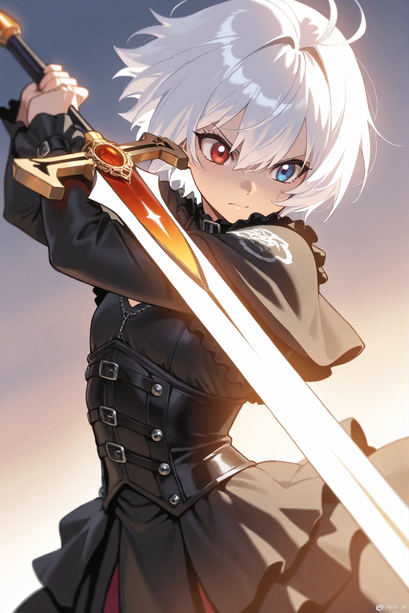 anime, a woman in a black dress sitting on a chair with a sword, rogue anime girl ayanami king, inspired by Li Chevalier, pin in anime, perfect white-haired girl, girl with short white hair, white hair, "beautiful anime woman, 2b nier automatons, white hair, cyborg - girl with silver hair, perfect android girl, CYBERPUNK STYLE