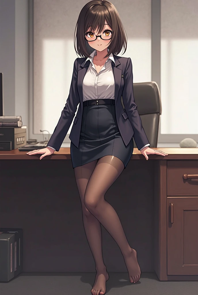A teacher medium hair glasses, 40 years old big breasts neckline, skirts pantyhose high heels, sitting