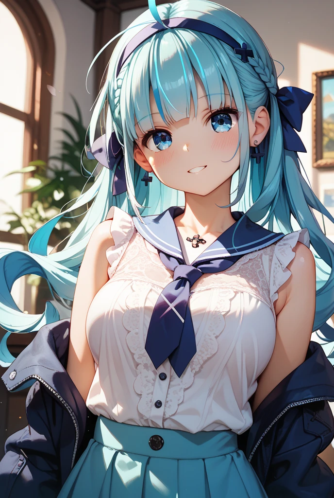(Highest quality:1.24, Very detailed, Delicate and beautiful CG art, Detailed illustrations, Attention to detail, masterpiece:1.2, Highest quality, Best aesthetics), (((1 girl))), JK, ((Body net:1.2, Frills, Sexy maid)), Open your mouth:1.2, (Light blue hair, High side ponytail, Bust Shot:1.1, Front view, Random Pause, Friendly atmosphere, Shiny Hair, Beautiful Skin, Detailed face and eyes, Glossy Lips, Curvy Women, Slender body, Beautiful breasts:1.4, Cafe, Leaning against a wall, Light and shadow with attention to detail, Background Blur.