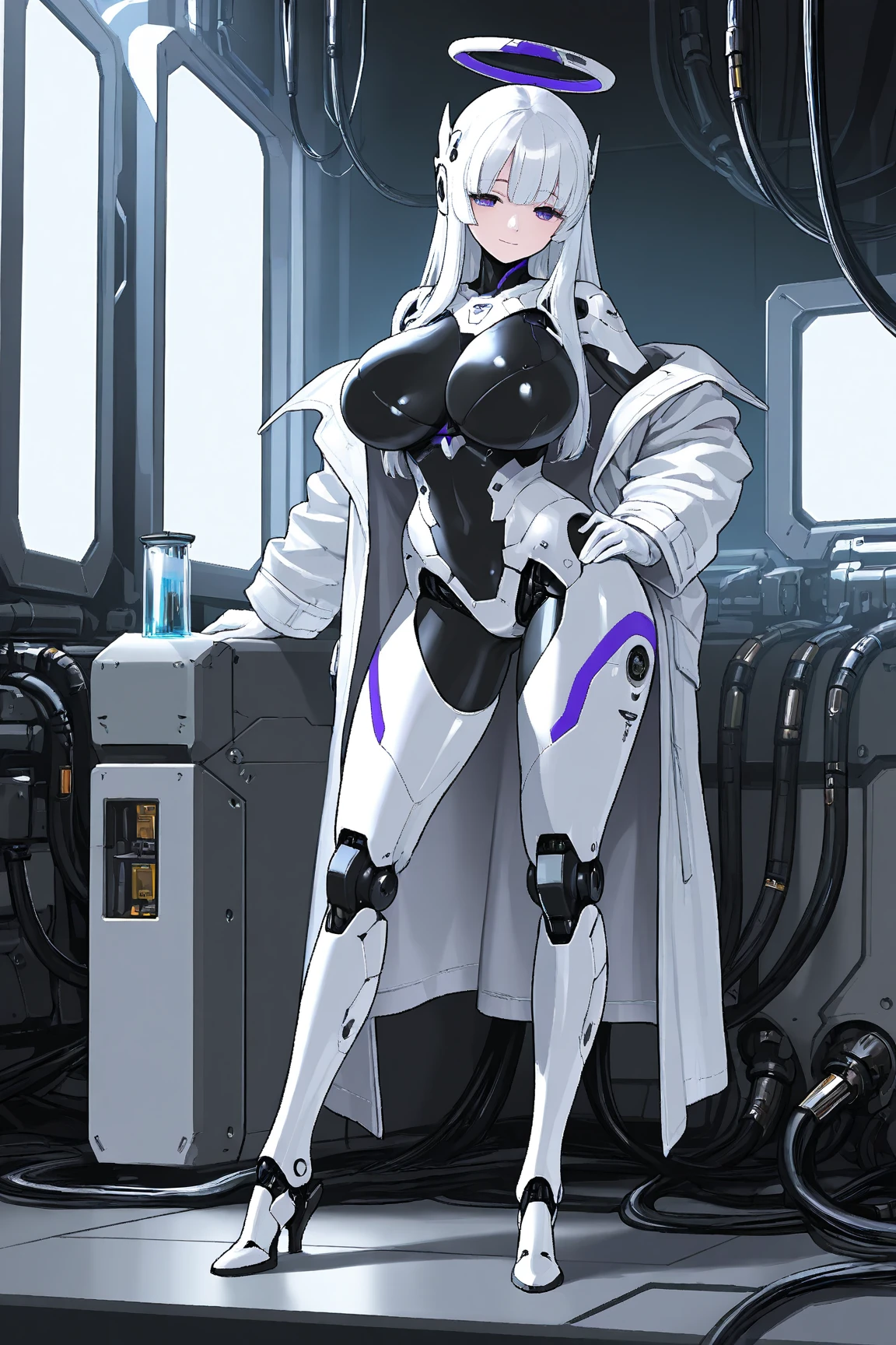 ((1 cyborg woman)),((big breasts, naked breasts, naked pussy, completely naked, blue clitoral piercing)),((standing in a room with window and futuristic sofa)),((embarrassed face)) ,((bare breasts, with lots of bubian hair, wearing a scientist's coat)),((short gray hair with Elastic, bright yellow eyes)),((facing the viewer)),holding medicine bottle,