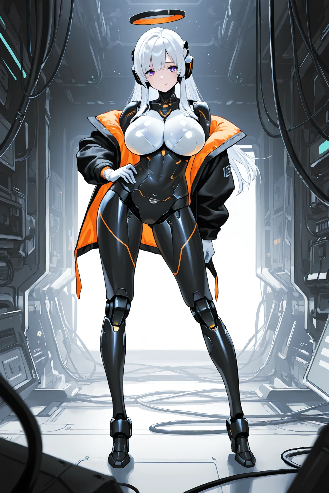 girl, With big breasts, with futuristic white spy suit, long black fur, crimson eyes, ebony dark skin.