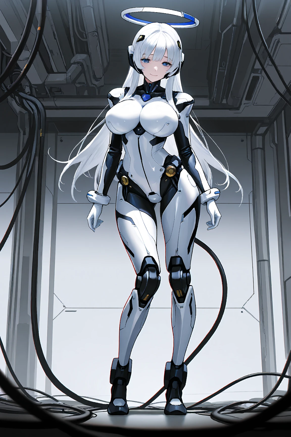 empty eyes,robotized woman ,big bust,Robot Joint ,Metal skin,Black Suit,long hair,a suit that covers the whole body,mechanization,robot, antenna