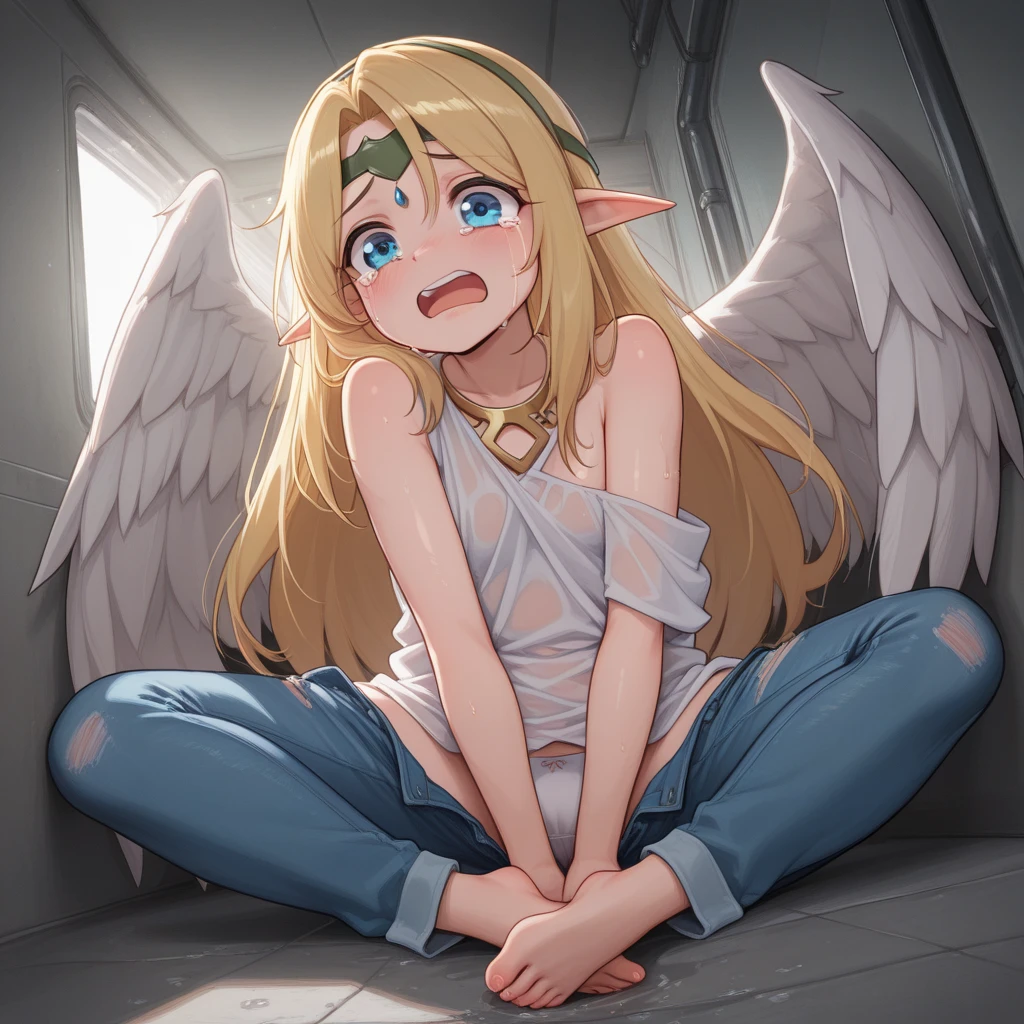 Anime. 1 Girl. Cute girl. Angel. Slave. Blonde. Long hair. Blue eyes. Beautiful eyes. Perfect eyes. Expressive eyes. Ideal face. Beautiful nose. Snotty nose. 16 years. Big breasts. Beautiful breasts. Pointy ears. She got sick. She has allergies. She has a runny nose. She has mucus from her nose. She has snot. Snot flows from the nose. She has diarrhea. She wants to poop. She needs to poop. She has a strong, desperate urge to poop. She poops diarrhea while squatting in a cage in the middle of the street. Diarrhea runs down thighs. A puddle of diarrhea on the ground. Ideal anatomical body. Beautiful long legs. The whole body is covered with scars. Angel wings. White wings. Dirty tunic. Torn tunic. She wears a diaper. Barefoot. Slave collar. Shackles. Standing. in full. Fantasy. Street. Many people. Beautiful character design. Shiny skin. Whole body. nsfw. Scat. Official art. Extremely detailed CG Unity 8k wallpaper. Ideal lighting. Ultra high resolution 4K. Super detailed 8K. A high resolution.