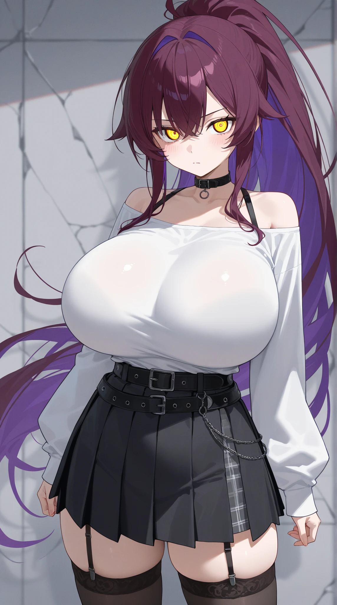 1girl,green eyes,purple semi-long hair,gigantic breast,seifuku,extremely detailed eyes and face,longeyelashes,beautiful detailed lips,masterpiece,ultra-detailed,realistic,HDR,UHD,studio lighting,vivid colors,high quality,best quality,4k,8k,highres,masterpiece:1.2,professional,concept art,blue background