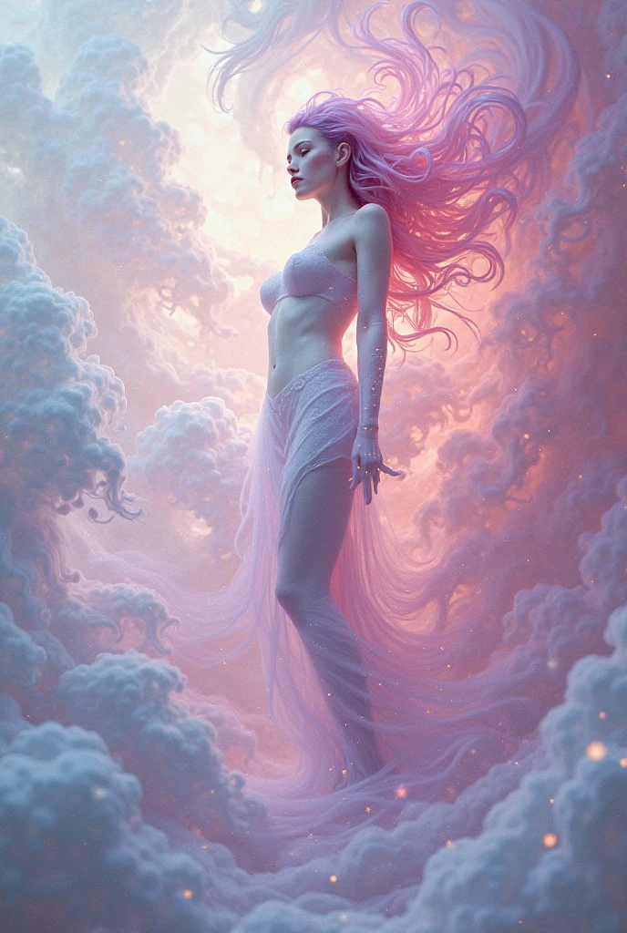 (masterpiece, high detail, high resolution, art style by Greg Rutkowski, depth of field, physical render, subsurface scattering), ((setting: high in the clouds)), (a fully naked woman floating in the air between volumetric clouds, high in the sky, billowing hair, (background: fluffy clouds in the sky), pale skin, (thick long colourful hair: 1.8), sensual, (small breasts: 1.4), (small butt: 1.4), full body view, ((bright background), (gentle smile), relaxed, detailed, (volumetric, level difference detail), warm sharp sunlight, clear air, windy, backlight, contour light, strong but seductive, (((alone))), vibrant colours, flowy white (transparent silk) fabric around her waist, (((entire body visible))), no clothes