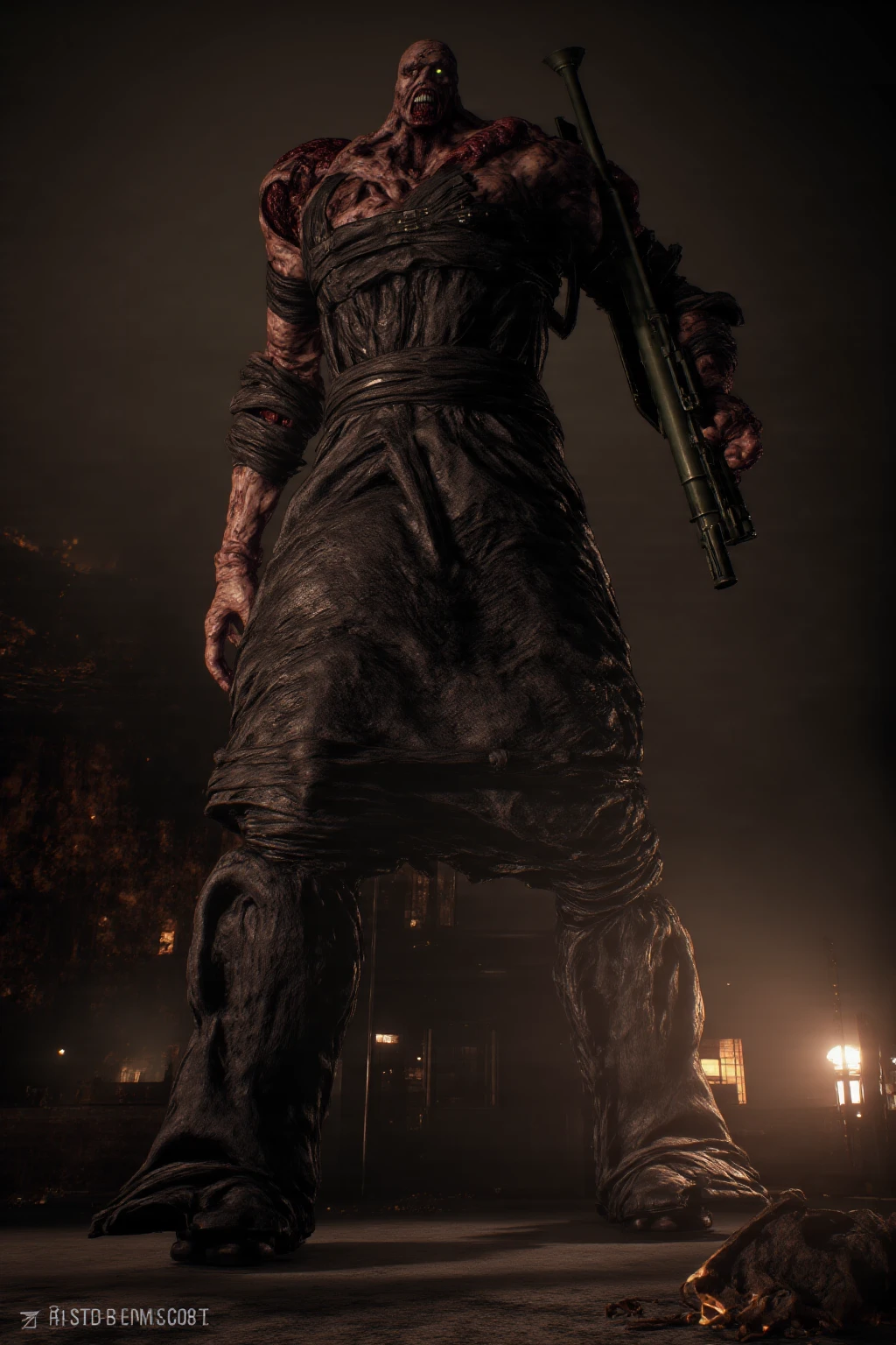 Nemesis from "Resident Evil 3: Nemesis", zombie apocalypse, standing on a building, holding a bazooka, looking down at a burning city with zombies roaming around