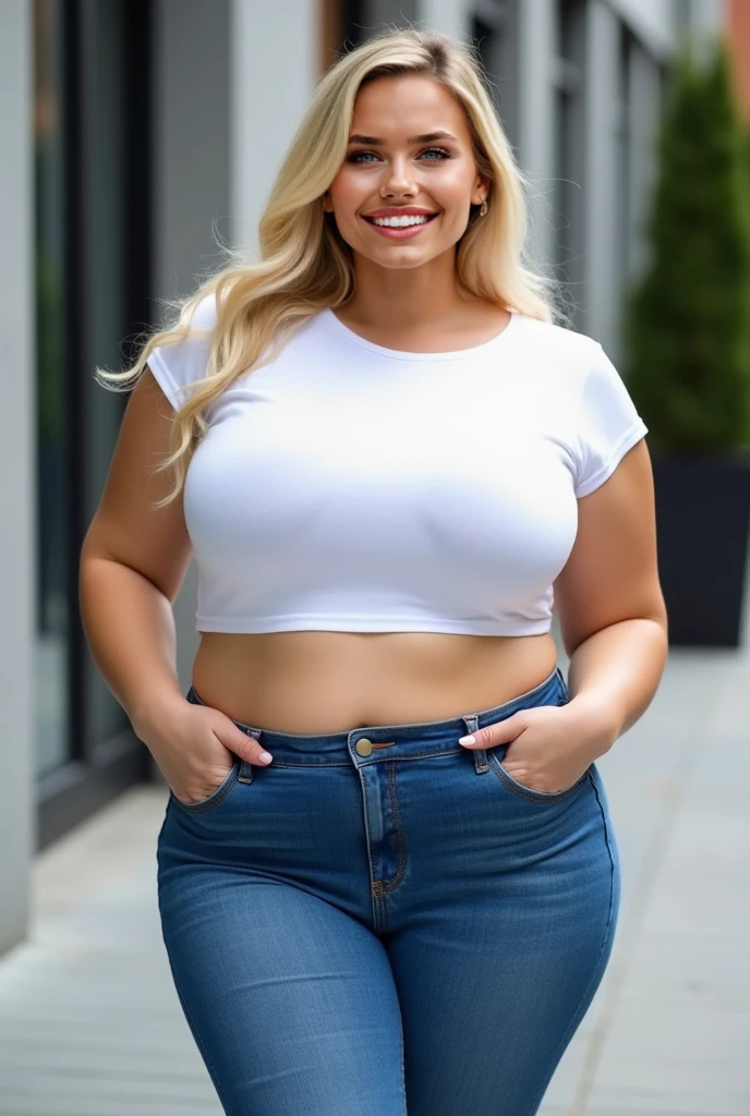 27 year old Woman, five foot tall, chubby, overweight, gorgeous face, light freckles, spixie cut light reddish blonde hair, round blue eyes, full lips, thick wide hips, , round belly, sweet smile, defined cheekbones, defined jawline, pointed chin, kind eyes, standing next to a brick homes front door, wearing open red plaid shirt over tight white shirt, wearing tight blue jean shorts, photo-realistic, ultra high quality, sharp Focus, crazy details, 8k uhd