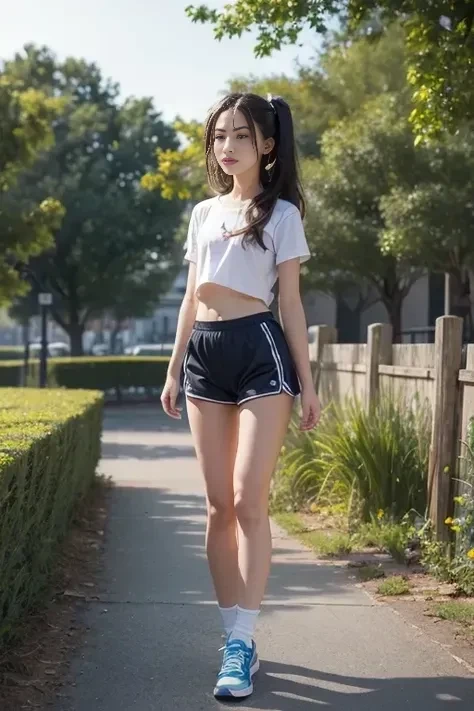 portlate, NSFW, pregirl, 14, junior high girl, cute beauty, , thin skinny hips and thigh, flat waist, tiny breast, long black silky disheveled hair, long hair、short sleeves、rainy days、Clothes are see-through in the rain、Physical education field、cute face、low twin tails, scared, beautiful white shinny skin, red runner shorts, tiny thin top, Green eyes balanced, puffy Areola
