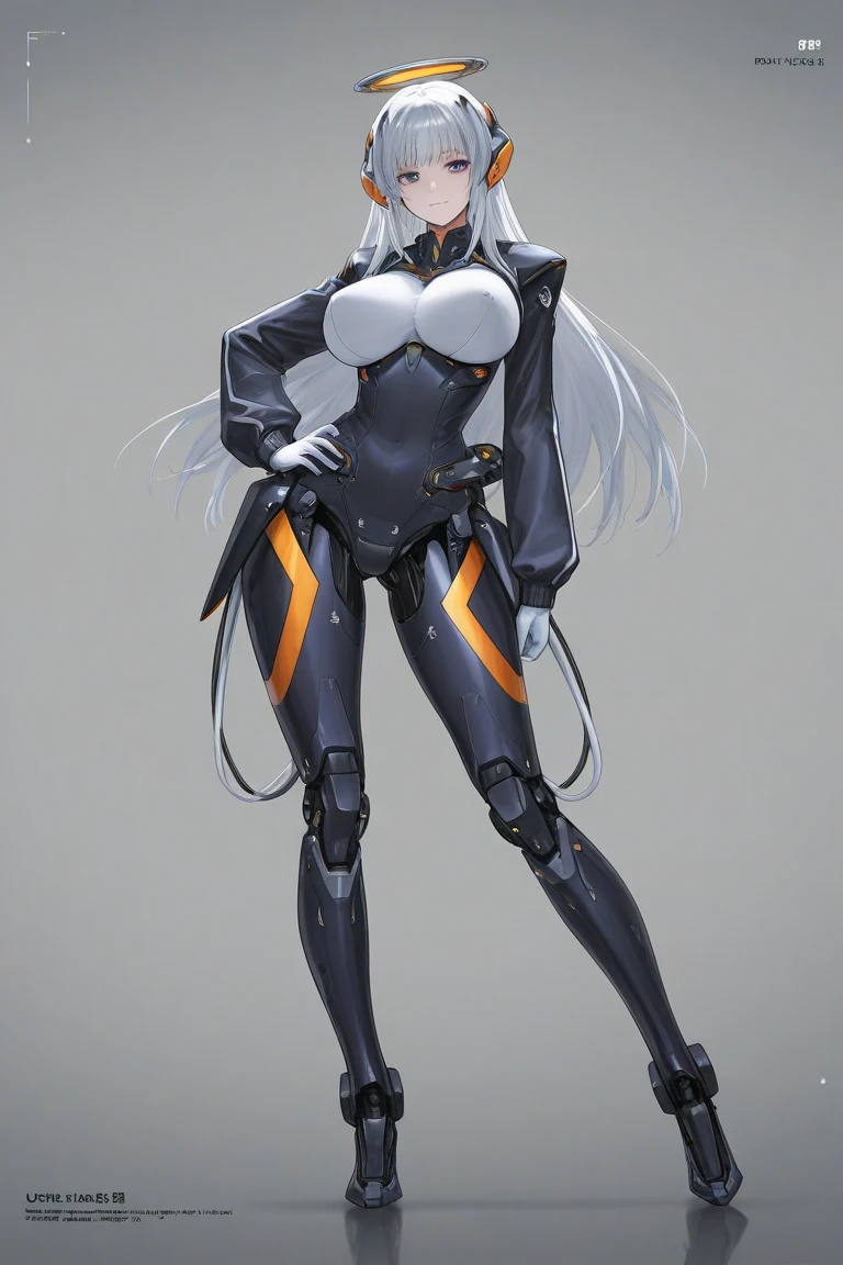 hat, necktie, gloves, ribbed bodysuit, expressionless, blank eyes, looking at viewer, corruption, mind control, female combatant, full body, hypnotized, unhappy trance, full body, obey, perfect female body, hypnosis, hypnoLora, empty eyes, Mind control device, poses, submissive_pose, Slave, standing straight, standing, standing at attention, Fighting Stance, extending the right arm from the shoulder into the air with a straightened hand, (((pixel-perfect, detail-perfect))), solo, 1girl, hair ornaments, anastasia, blue eyes, grey hair, hair between eyes, (hair over one eye:1.5), long hair, bangs, medium breast