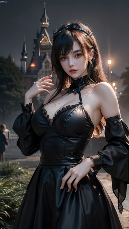 Masterpiece, Best quality, Night, Moon, Beautiful detailed sky, Realistic, Real, Huge_filesize, the wallpaper, Girl, Medium hair, whaite hair, curly_Hair, Hair accessories Hair bow, shairband, leaf hair ornament, Tentacle hair, view the viewer, eyeball, Small breasts, shirt, Miniskirt, White pantyhose, panties under pantyhose, Elbow gloves , Collar, Earrings, jewelry, Spread legs, Crossed_Legs,