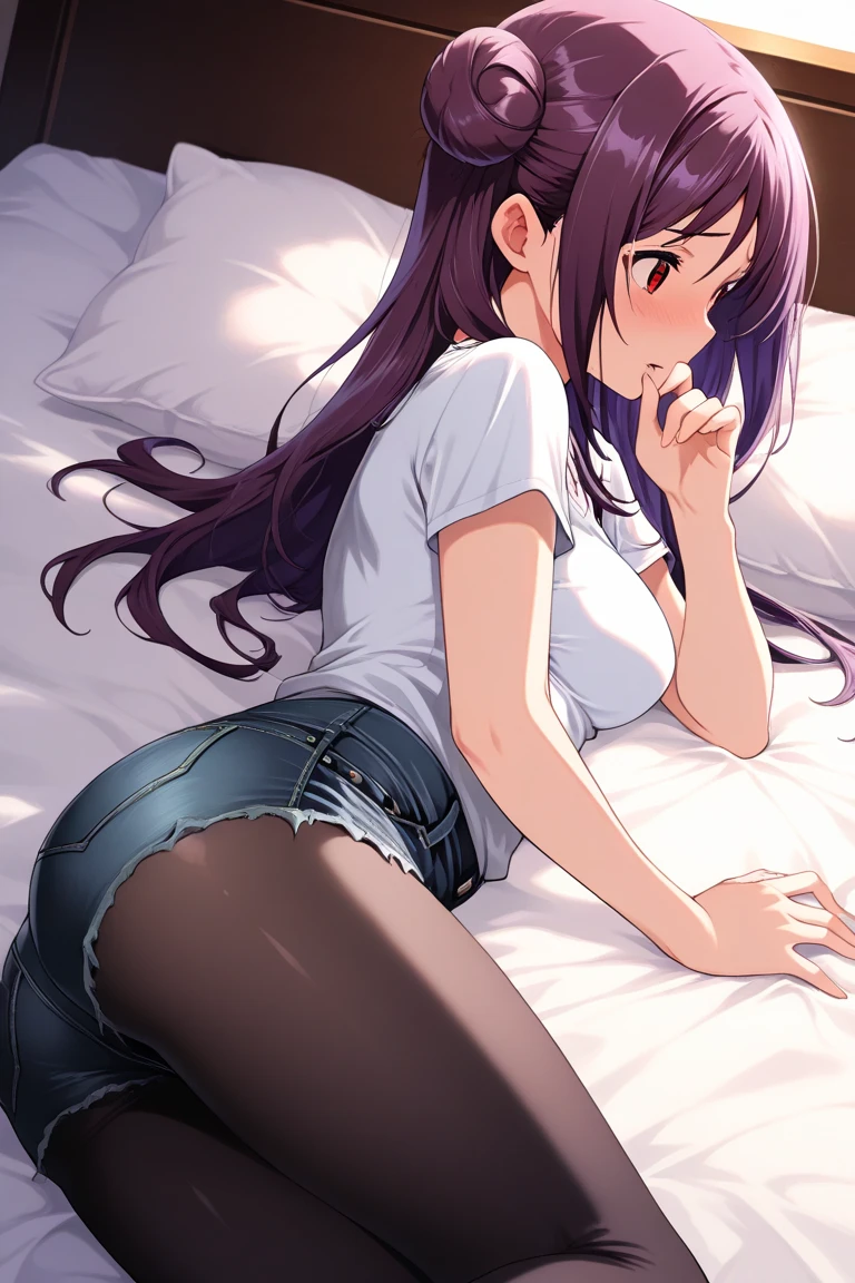 1girl, bangs, black hair, blush, bright eyes, looking at the viewer, medium breasts, solo, indoors, night, shiny skin, sad, beautiful, parfect anatomy, lift up gym shirt, navel, white bra, undressing gym short, pulled down gym short, perfect hands, bed, bedroom, lying, relaxing, pillow, blanket, cushion, thigh, indoor, on side, on bed