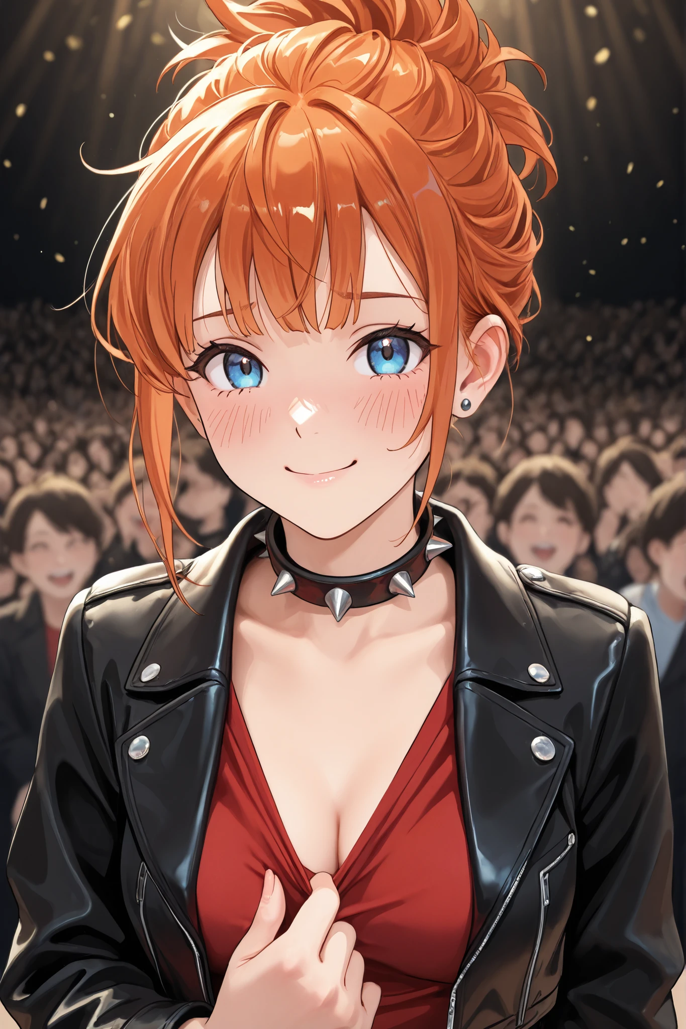 1girl, music concert, smile, blue eyes, windy hair, windswept hair, red shirt, black jacket, cropped jacket, ginger hair, crowded concert, crowd, stud earrings, shirtpull1, pulled by self, clothes pull, shirt pull, pulling own clothes, looking at viewer, blush, spiked collar, shy, blurry background