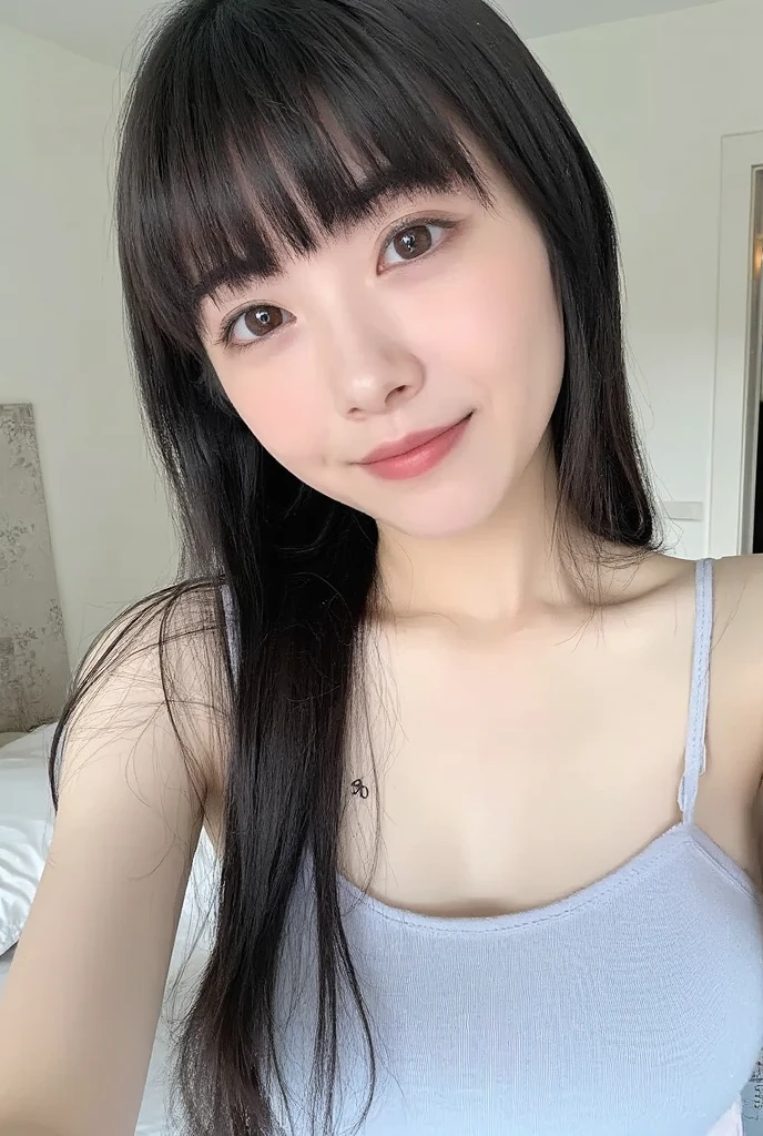 ((Highest quality, 8K, masterpiece :1.3)), One girl, Beautiful woman with well-defined abdominal muscles: 1.3, whole body, (Long Hair, Big Breasts: 1.2), Oversized tank top: 1.2, Very delicate face, Delicate eyes, double eyelid, smile, Home, Random color clothes