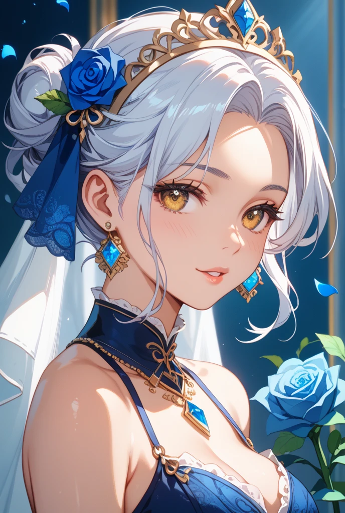 (masterpiece, best quality:1.2), 1 Girl, Solitary, Skin details, Beautiful facial features, Exquisite makeup, Blue clothes, Exquisite eyes, Eye details, Hair, Shimmer