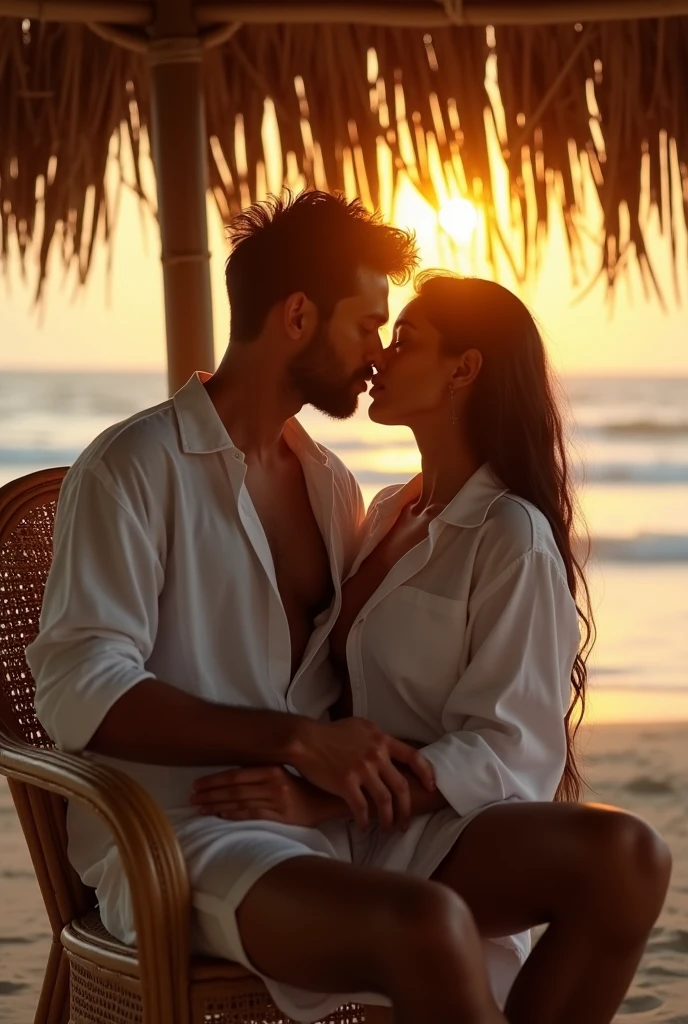 Please a jungle near the a beach and there will a tent house.and under the house a girl and a boy.girl wear a white grown and boy only wear a paint whithin shirt and together romance on a bed and bedsheet is white colour under the house and kissing together and hugging together tightly. And that is morning background. There alone together. That beach.near a cup of straberry.