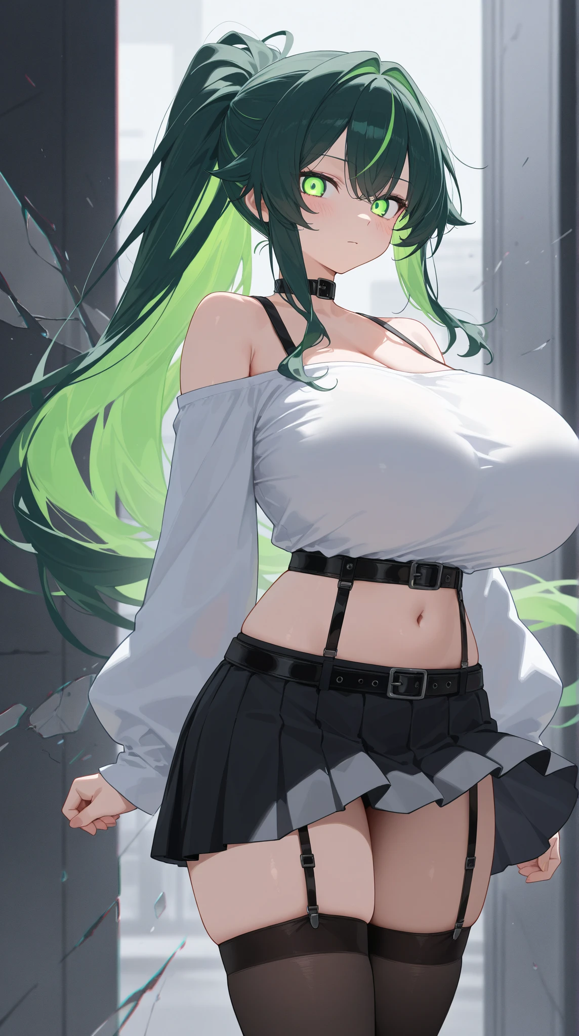 (girl1),(woman1)(Breakdomain style 2d anime),,(Solo portrait of a girl:1,5),(slender body),(structured),(hot),(mature and sexual body),(big ass), (mature and sexual body ), (slender body), (physical attributes such as large breasts and ass), (Breakdomain),(white skin color), (super mega hyper gigantic breasts: 1.5), (with long green hair), (green eyes ),(an 1 woman, with white socks),(wearing),+,(Wearing a black bunny mayo that shows the feathers and arms and is very tight highlighting the breasts and with bunny ears on the head),(Super short skirt:1.5)