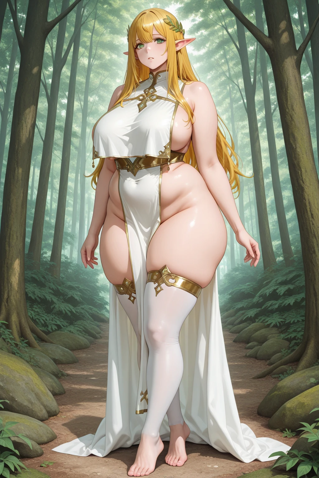 Master piece, high quality,
BREAK, mythradef, tiara, earrings, chest jewel, cleavage cutout, cleavage, white dress, short dress, elbow gloves, white gloves, thigh strap, blonde hair, long hair, yellow eyes, huge breasts, full body shot, open field, thick thighs, skindentation