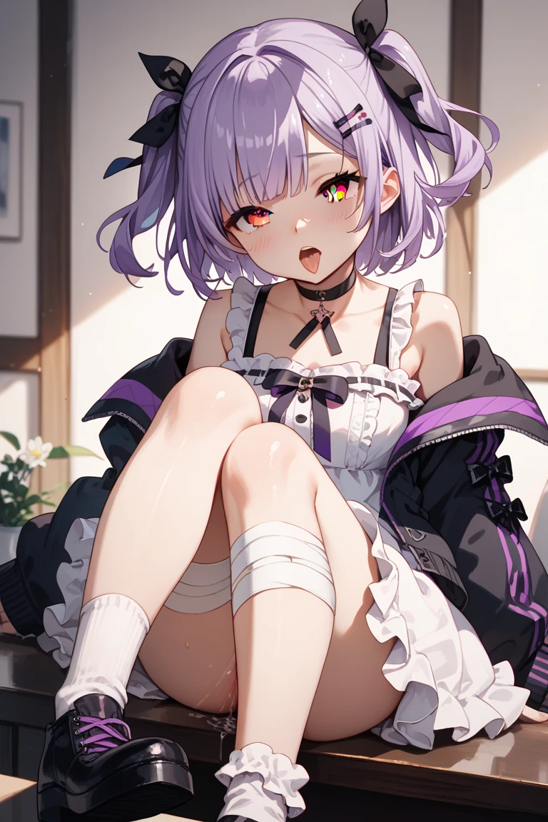a masterpiece, beautiful eyes, a beautiful face, kawaii, light atmosphere, (Cute a girl:1.5), (a girl with closs hair pin,pale purple hair,wavy two braids,blunt bangs hair,green and black eyes,
pink shirt,Black skirt, platform boots,,cosplay, jirai kei, bangs, black bow, looking at viewer, bow, long sleeves, choker, ribbon,pink lips,fullbody shot :1.4),
(masterpiece:1.3), anime visual, (Lovey-dovey:1.5), (tilt head:1.3), extremely delicate face, soft clean focus, realistic lighting and shading, (an extremely delicate and beautiful art:1.3),Shibuya 109 in the background, walking towards Shibuya 109, back view, looking back,look at viewer,