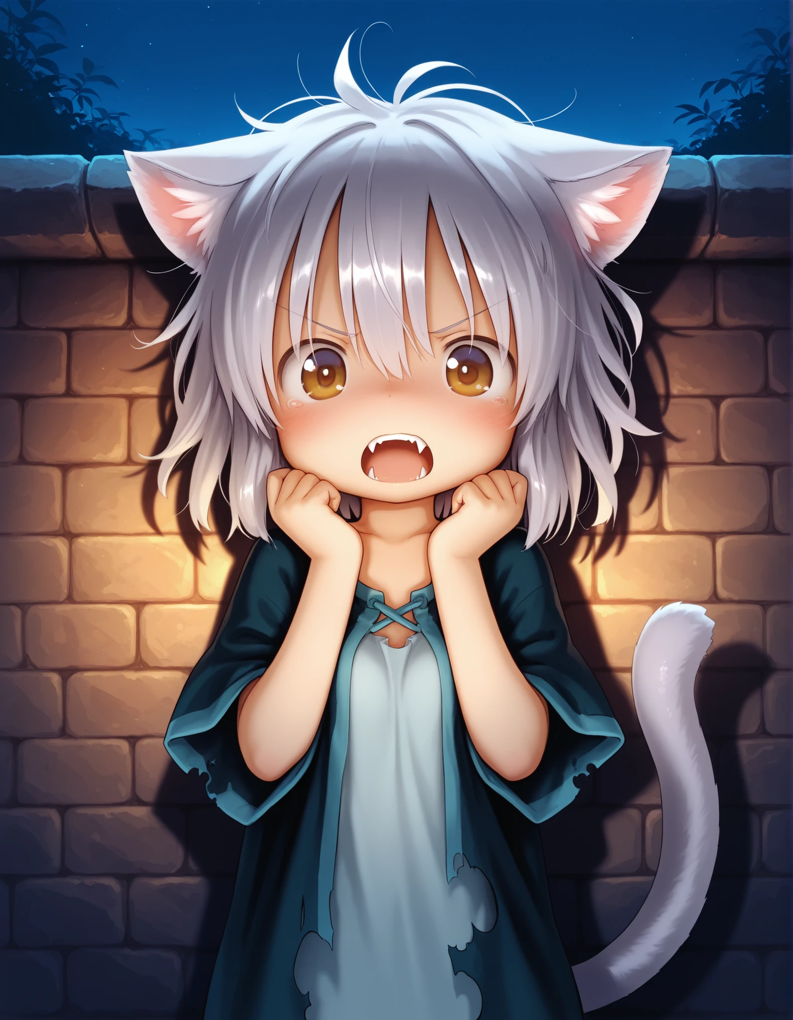 tsukushi akihito, 1girl,petite,(skinny and frail:0.7),
cat girl,against wall,stone wall,
brown eyes,looking at viewer,
grey hair,medium hair,messy hair,
angry,(scared:0.4),(open mouth:0.5),fangs,hands up,(tearing up:0.5),
tail raised,
torn clothes,
straight-on,
dark,night,outdoors,
masterpiece,best quality,amazing quality,