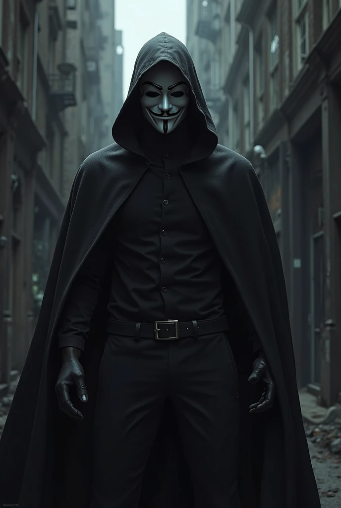A man with mask like the movie hero V for vendetta. The background is dark night.