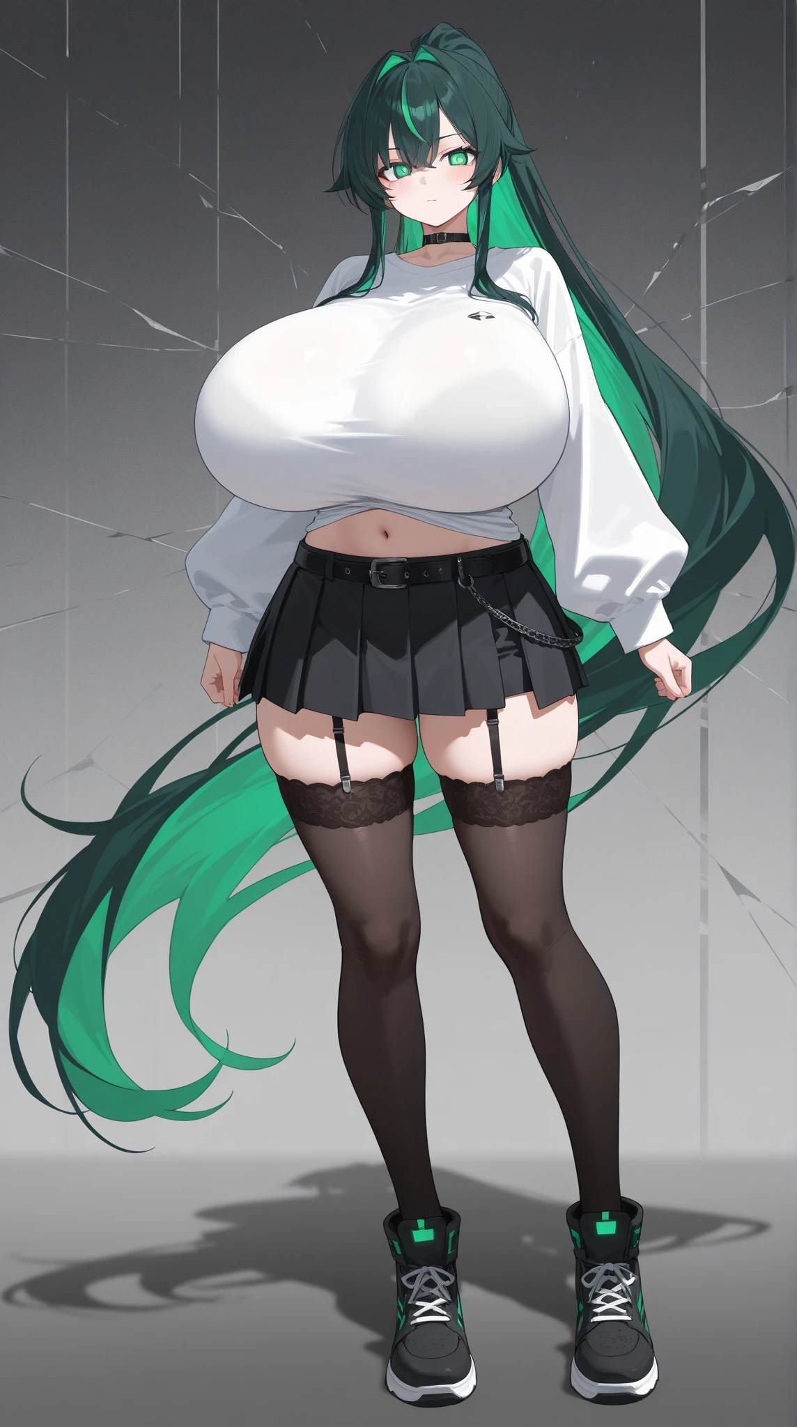 1girl, anime girl, green hair, very long hair, green eye, perfect body, evil smile, mature woman, long legs, (big breasts:1.6), high quality, black heels, long black stockings, black skirt, masterpiece, slender body, dangerous woman, dominant woman, smart woman, white coat, goddess, 4k wallpaper, doctor girl, scientist girl, (buttons popping off shirt around bust)