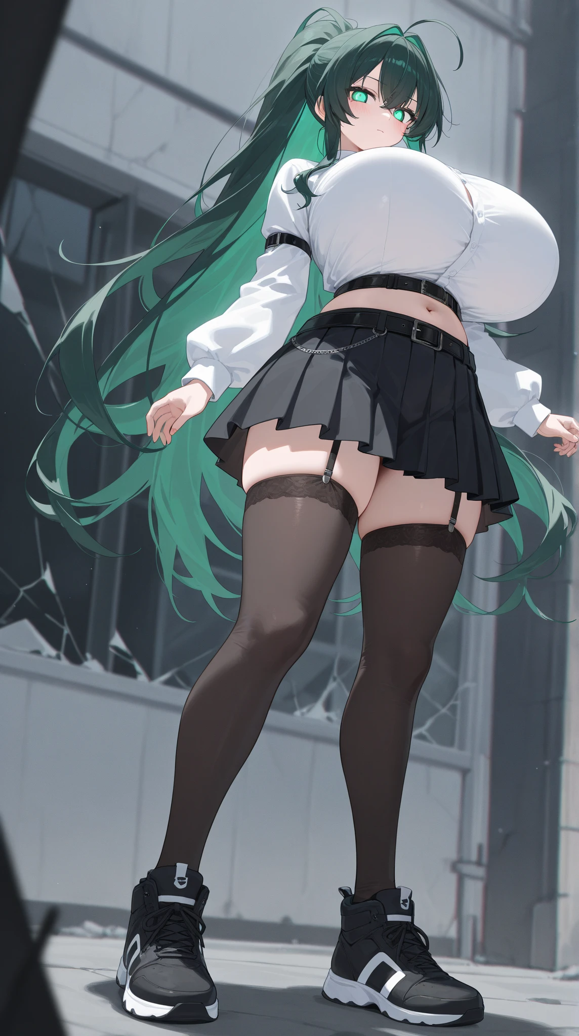 sexy pose, skirtlift hatsunemiku, miku hatsune, ahoge, aqua eyes, aqua hair, crossed bangs, hair between eyes, hair ornament, headphones, long hair, twintails, BREAK aqua necktie, black footwear, black skirt, black sleeves, boots, collared shirt, detached sleeves, grey shirt, necktie, pleated skirt, shirt, skirt, sleeveless, sleeveless shirt, thigh boots, tie clip, BREAK looking at viewer, BREAK outdoors, city, BREAK (masterpiece:1.2), best quality, high resolution, unity 8k wallpaper, (illustration:0.8), (beautiful detailed eyes:1.6), extremely detailed face, perfect lighting, extremely detailed CG, (perfect hands, perfect anatomy), Get blush, (Best Quality: 1.5), (black-red lingerie panties). (((Twisting the skirt))). Detailed female genitalia. (((Trembling girl ))). Big Breast. get blush. (((Grabbing the hem of the skirt))). Pants with drawstrings on the sides. Full body standing. Pubic tattoo,