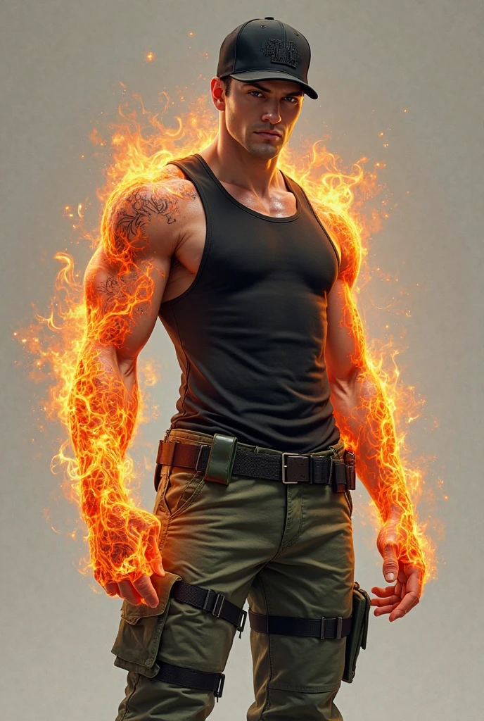 Jean Florawer; A slim, muscular twink with short, fiery orange hair and freckles, dressed only in black pants. He has piercings in his eyebrow and navel. He is extremely handsome with a lean, toned body. He draws attention with powerful, sweeping gestures, his eyes glowing with fierce intensity, and fire emanating from his hands, with real, blazing flames coming from them. He is in a mystical, hellish environment with lava and fire, with flames emanating exclusively from his hands, creating a dramatic and intense atmosphere. The background is filled with vibrant flames and flowing lava, enhancing the sense of power and heat. The image is rendered in a photorealistic, hyper-realistic 8k style, with studio lighting. Jean’s pose is dynamic and confident, making the image powerful and cinematic, with intense colors, vibrant HDR, and dramatic chiaroscuro lighting that highlights his energy and motion.