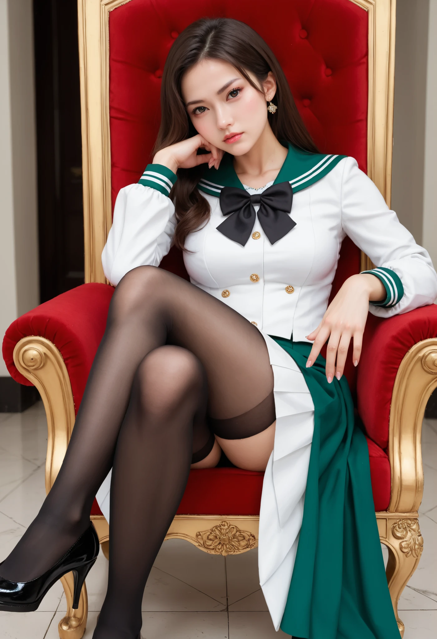 (masterpiece, best quality, perfect face:1.4), wide angle, Close-up face, medium breasts, proportional body, proportional,1 girl, beautiful hair, beautiful face, beautiful detailed eyes, beautiful clavicle, beautiful body, beautiful chest, beautiful thigh, beautiful legs, beautiful fingers, looking at viewer, BREAK, black pantyhose, black gloves, white pleate skirt, mismatched shoes, long sleeves, white jacket, black bowtie, green sailor collar, BREAK, sitting on the throne, legs crossed, one elbow on the chair, one hand on the cheek, BREAK, serious expression, serious face, angry, textured skin, realistic skin, HDR, BREAK, good hands,