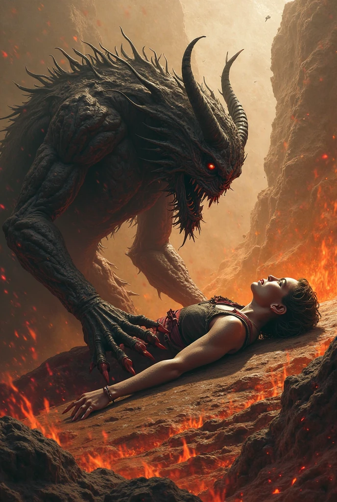 Beautiful woman, black hair, fallen angel on her knees, big black wings in the upper back, 8k, ultra realistic, apocalyptic landscape, very dark atmosphere, hell, lava, fire, maleficent, (cracked skin revealing the fire below)), evil smile, sparks