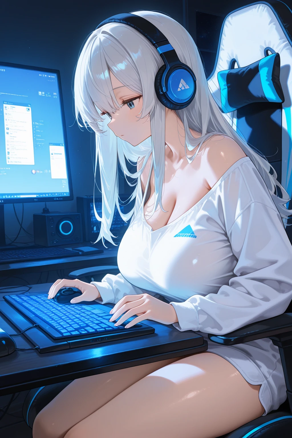 1 girl with headphones, sitting on the gaming chair, video game controller in hands, facing the computer, in the bedroom, (ps5 on the table), medium breasts, overskirt, white shirt, with sex look