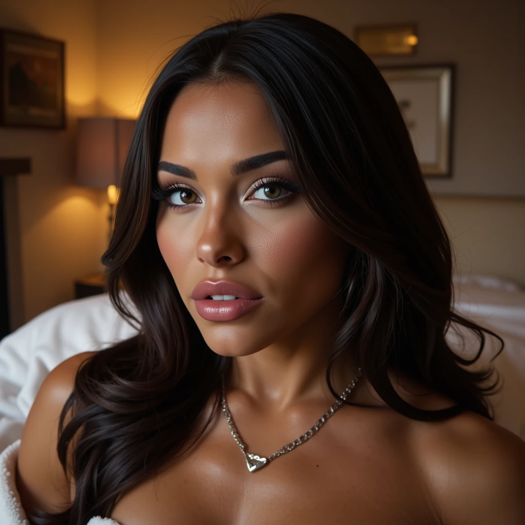 Beautiful Cuban woman, dark complexion, big , mix 4, border sleeveless sweater, pillow, lips, open mouth, realistic, photo_\(medium\), solo, (masterpiece), (photorealistic: 1.3), ultra detailed, (high detail) skin: 1.2), (best quality: 1.0), (ultra high resolution: 1.0), (Orchan-6500: 0.3), wavy detailed hair, long hair, sunshine, (beautiful detailed makeup), (sexual arousal, blush, rough breathing: 1.0), sexy cleavage
