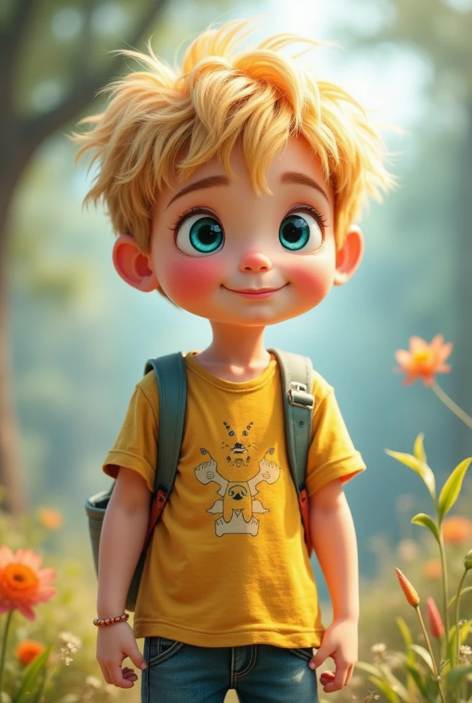 Image of a blond child, Straight blonde hair, low cut on the forehead, black eyes for a story in a YouTube video in Pixar format, He's the little alabester, He is extroverted, Playful and stands up for many things,He likes sandals and shorts and is messy when playing on his bike.