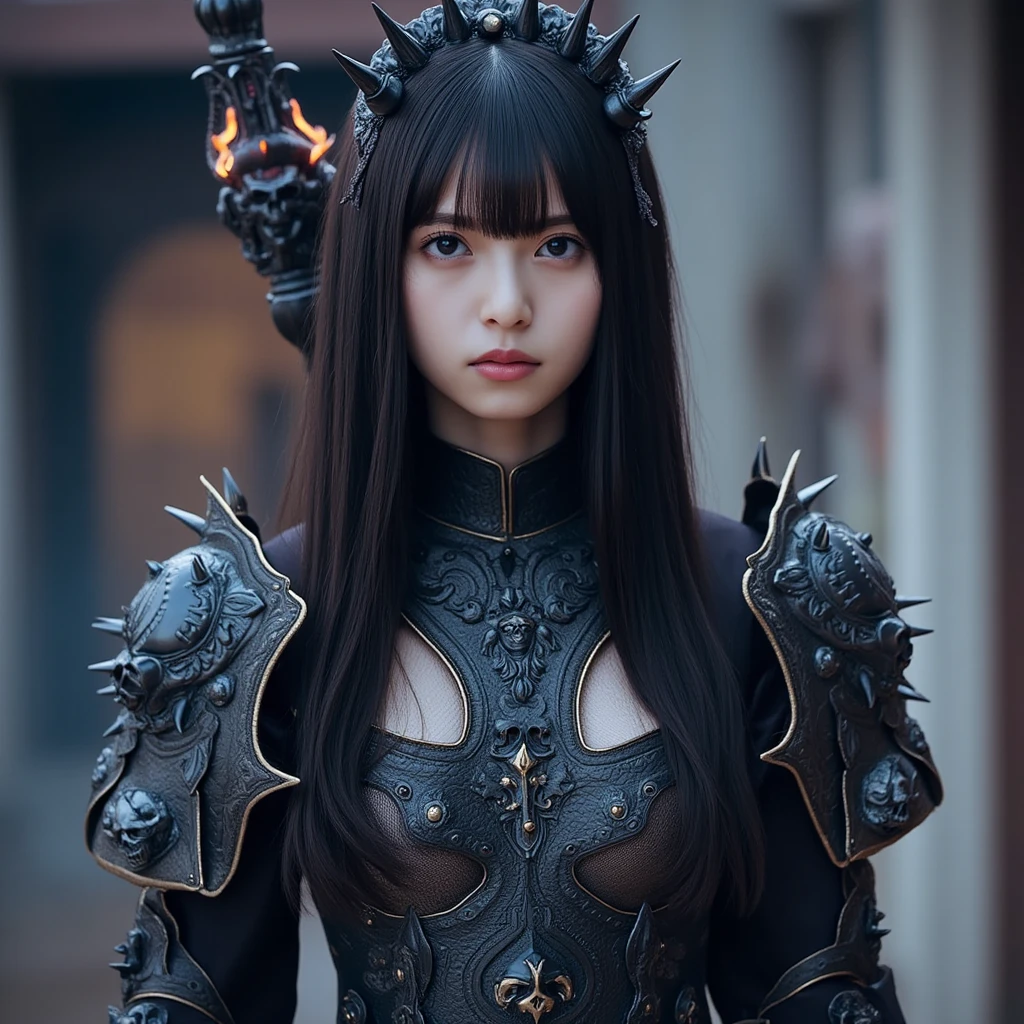 beautiful detail, best quality, 8k, highly detailed face and skin texture, high resolution, big tits japanese girl in black armor stand on street in city, full body, sharp focus