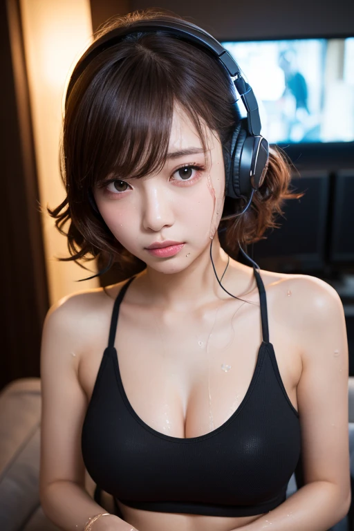 best quality, 8k, very smooth and beautiful, very detailed face and skin texture, shiny skin, high resolution, big body sexy Japanese girl in orange dress, on the dress is written "Klubslot", wearing headphones, sharp focus