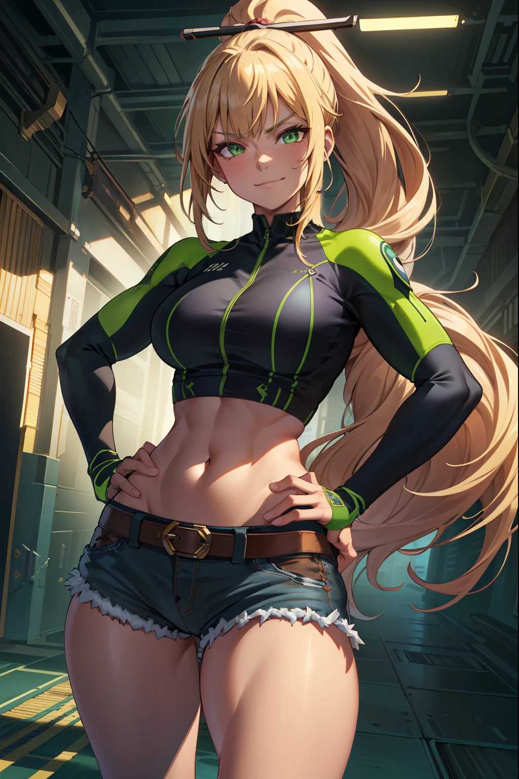 (obra-prima, qualidade premium: 1.2), sozinha, strong, 1girl (magik), long blond hair with bangs, green eyes, dancing in a club in highschool uniform