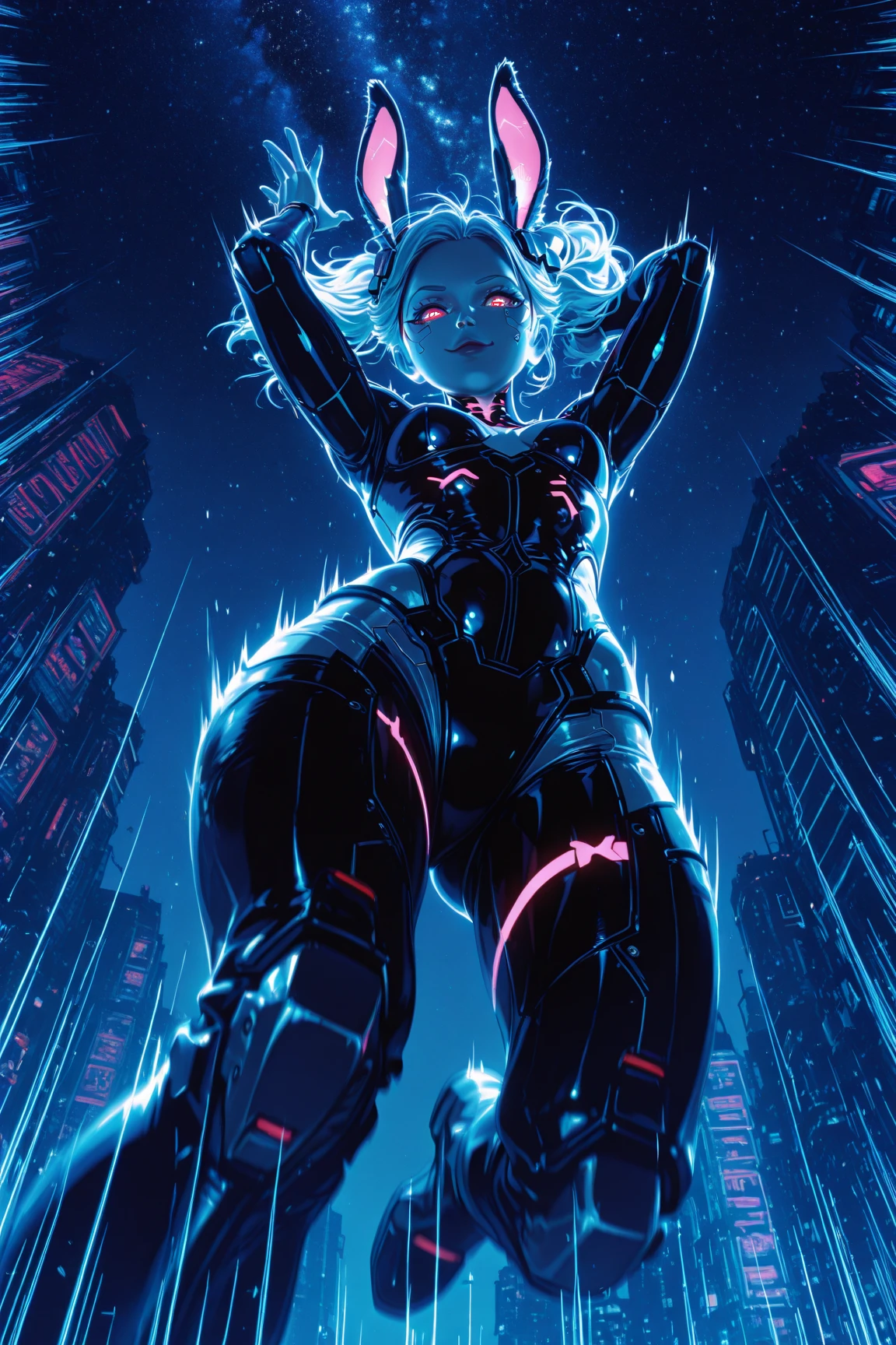 a digital painting of long-haired supergirl, cyberpunk art by Josan Gonzalez, winner of the behance contest, afrofuturism, synthwave, neon, shiny neon, thick thighs, thin waist, sensual, nsfw, little clothing, erotic art, anime, torn battle clothes