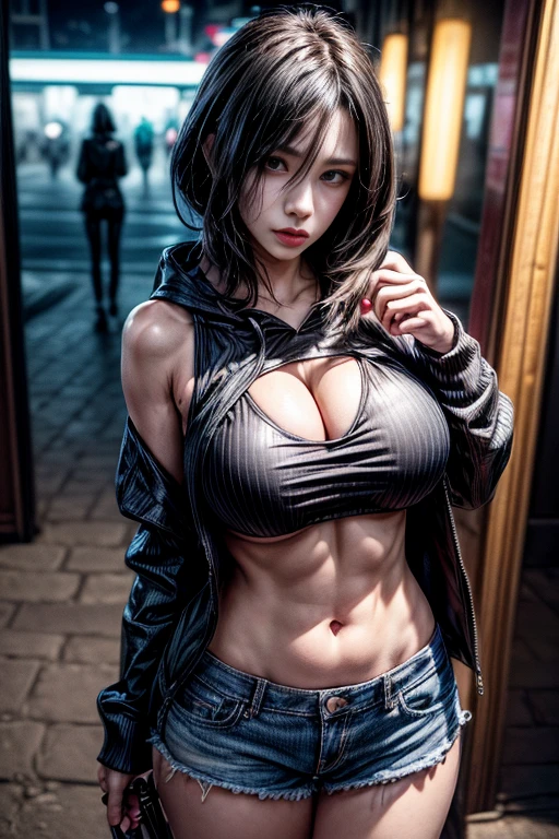 morning), One person, solo, Looking at the audience, winter, Cowboy Shot, (Downtown), Cowboy Shot, smile, Black Hair、Black choker、Leather jacket(Underboob Top、Lower milk visible)、No bra(Nipple swelling emphasis)、Leather pan、Setback Heel