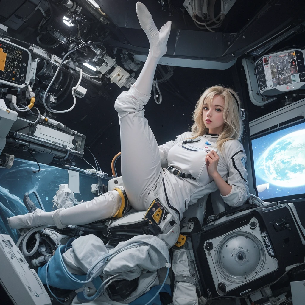 An overexposed film still, full body shot, profile view of a blonde, floating weightless, space station. She is wearing short shorts, and looking outside towards earth. She is melancholic and is thinking of her family back on earth. Canon 5d Mark 4, Kodak Ektar.