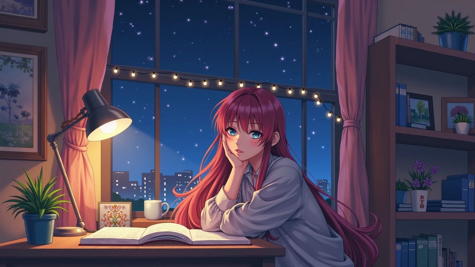 Dark-skinned Anime Girl studying at night in a cozy colorful with ...