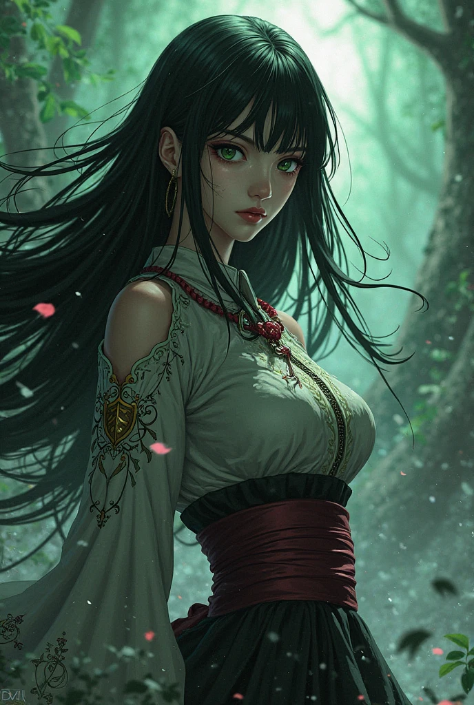 In a serene bamboo forest, Hinata Hyûga from Naruto stands beneath a canopy of lush green leaves. Her porcelain skin glows under the gentle sunlight that filters through the dense foliage. Dressed in a delicate combination of light purple, white, and salmon pink, she emanates purity and tranquility. Hinata's age of 25 is reflected in her confident stance and poised expression. Her striking light violet eyes, devoid of irises, exude an aura of wisdom and inner vision. As a gentle breeze sweeps through the forest, her jet-black hair cascades around her, blending with the falling cherry blossom petals. The environment exudes a sense of natural harmony and serenity, inviting viewers into a world of quiet introspection. Painting, executed with watercolors on textured paper, capturing the softness and delicacy of the scene