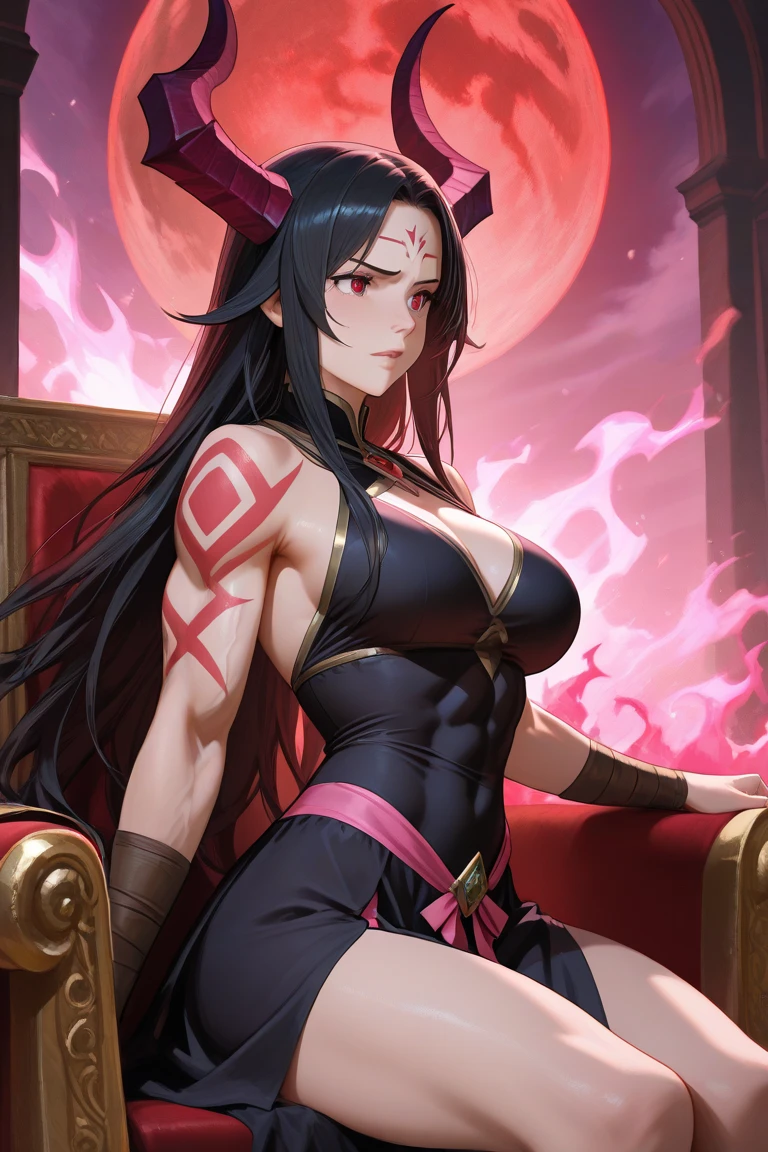 wavy hair,Red Sari,black eyes,dark skin,woman、voluptuous body shape,Cow horns on the head with
seductive pose,lying,thrust out hip, massive proportion