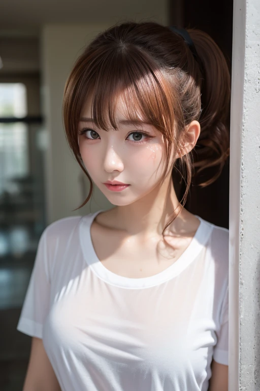 masterpiece,ultra deta,sharp focus,face focus,gigantic breasts,thick arm,curvy body,japanese modest female,light brown hair,white t-shirt,large tareme,short hair,ponytail,portrait