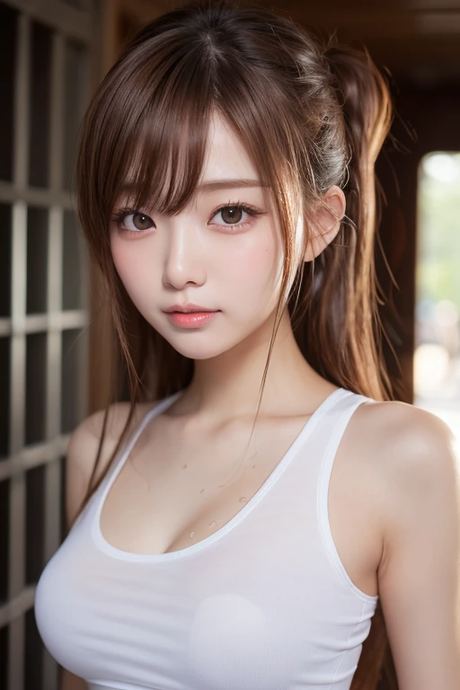 (Masterpiece, Professional lighting, 16k, 8k wallpaper, raw photo, photorealistic:1.4, ultra detailed, natural gentle lighting, detailed skin, detailed face, detailed eyes, textured skins), portrait of a stunningly beautiful 19 year old school girl, brown hair, low ponytail, tank top, panties, cleavage, busty, small breasts, looking at viewer, japanese idol,
