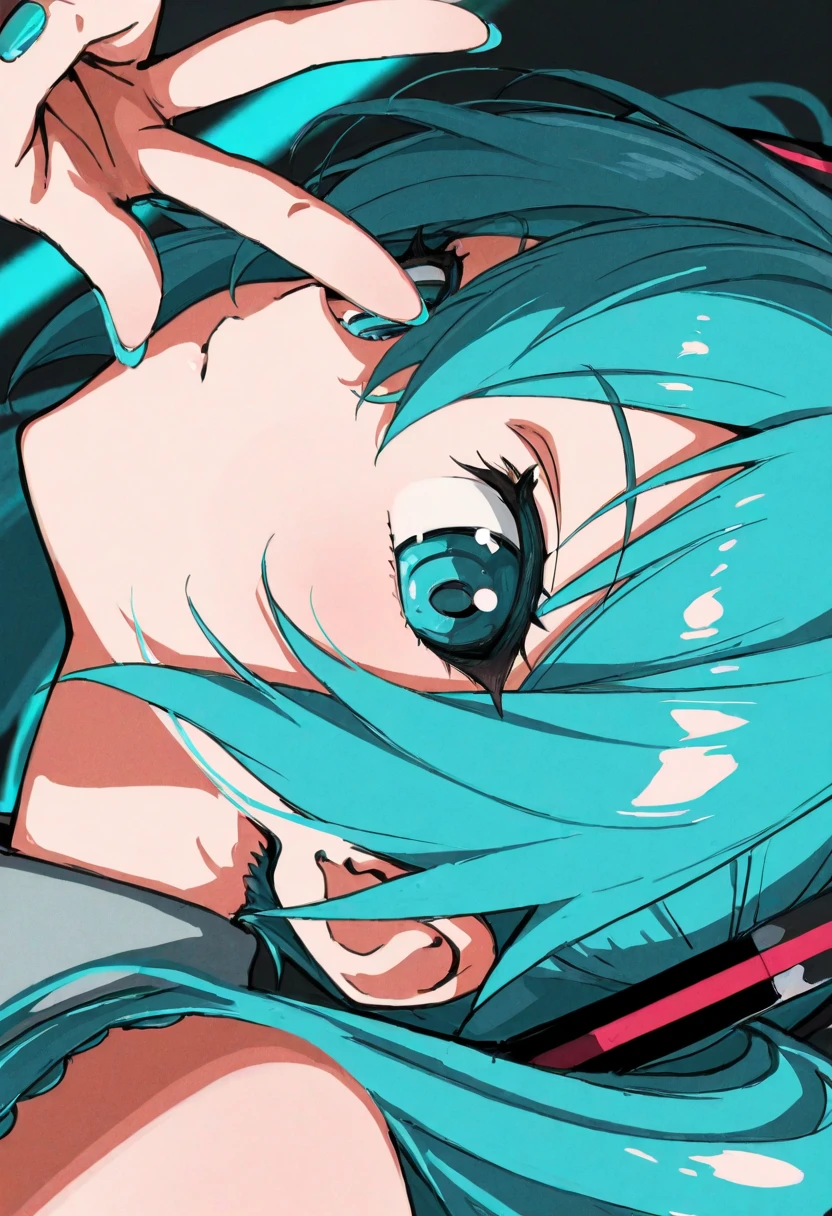 masterpiece, best quality, newest, absurdres, highres, very awa, anime screencap, sketch, limited palette, 1girl, solo, from side, side angle, foreshortening, aqua nails, aqua hair, looking at viewer, close-up, miku, fingernails, twintails, v over eye, one eye covered, film grain,