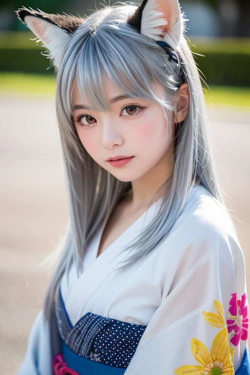 Bon dance festival,young ladys, silver hair, blue eyes, detailed beautiful face, slim body, beautiful young girls,highly realistic photo, cute pose,full body,dancing on the yagura stage,yukata