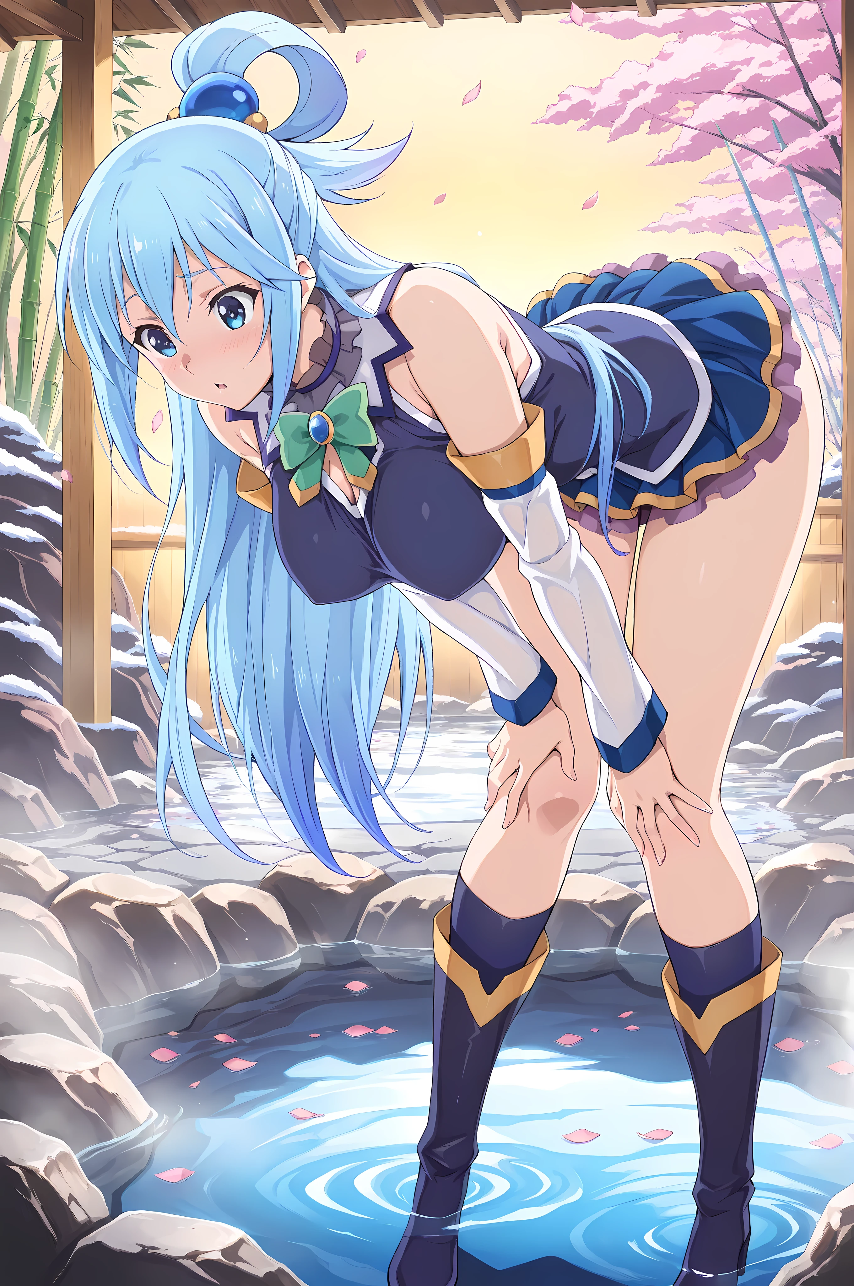 (masterpiece, ultra-detailed, soft shading, high resolution, 8k, smooth lines, Konosuba anime style). Character Aqua: Konosuba, blue eyes, slender body, large breasts, long legs, wide hips, and waist-length blue hair, partially tied into a bow with a ball clip.
her attire consists of a dark blue sleeveless vest with white trim, a short dark blue micro skirt, a green bow around her chest with a blue jewel in the middle, a translucent purple petticoat, and white sleeves highlighted with blue and gold trim. She wears blue thigh-high high-heeled boots over white socks with blue trim.
crouched at the edge of the onsen with her hands on her knees, leaning forward curiously, blue eyes wide, mouth slightly open, fascinated expression, hair loosely hanging down, soft lighting, cozy atmosphere. Traditional Japanese onsen background, steam rising, surrounded by stones and bamboo, wooden bathhouse in the background, cherry blossom petals floating on the water, soft lighting, misty atmosphere, highly detailed, anime style, masterpiece.