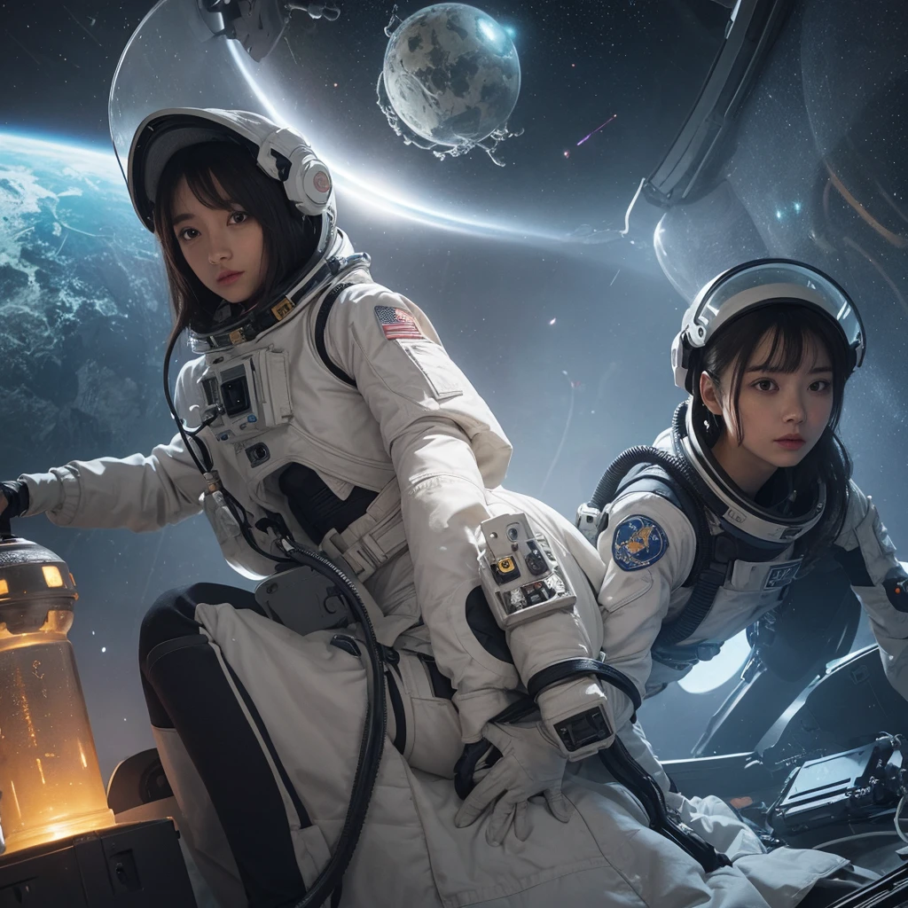 A group of 15-year-old Korean girls,Keep hair short,Wear trousers and space combat suits,Operate at the base of the future。Comic style。Epic。Side view。Top view。