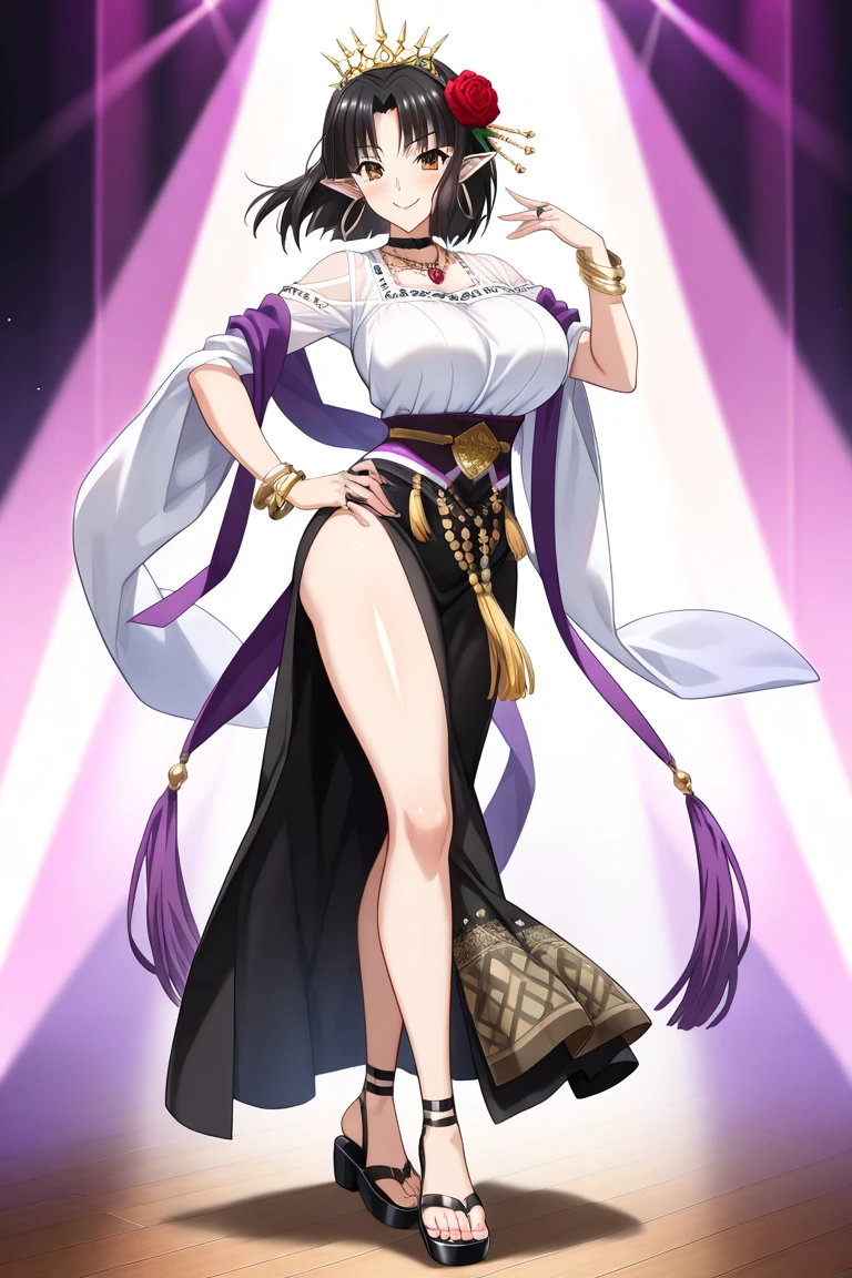 (((White background wall)),tmasterpiece,Best quality,extremely detaild CG unified 8k wallpapers, tmasterpiece, Best quality, CG, optics ,Raiden Mei (((Honkai Impact 3rd))),detail processing,((Purple pupil)), Purple long ponytail,((MILF,A mature woman)),Huge breasts,Intimacies,eventide,Clear face,face expressionless,bangle,((dancer/transparent sarong))